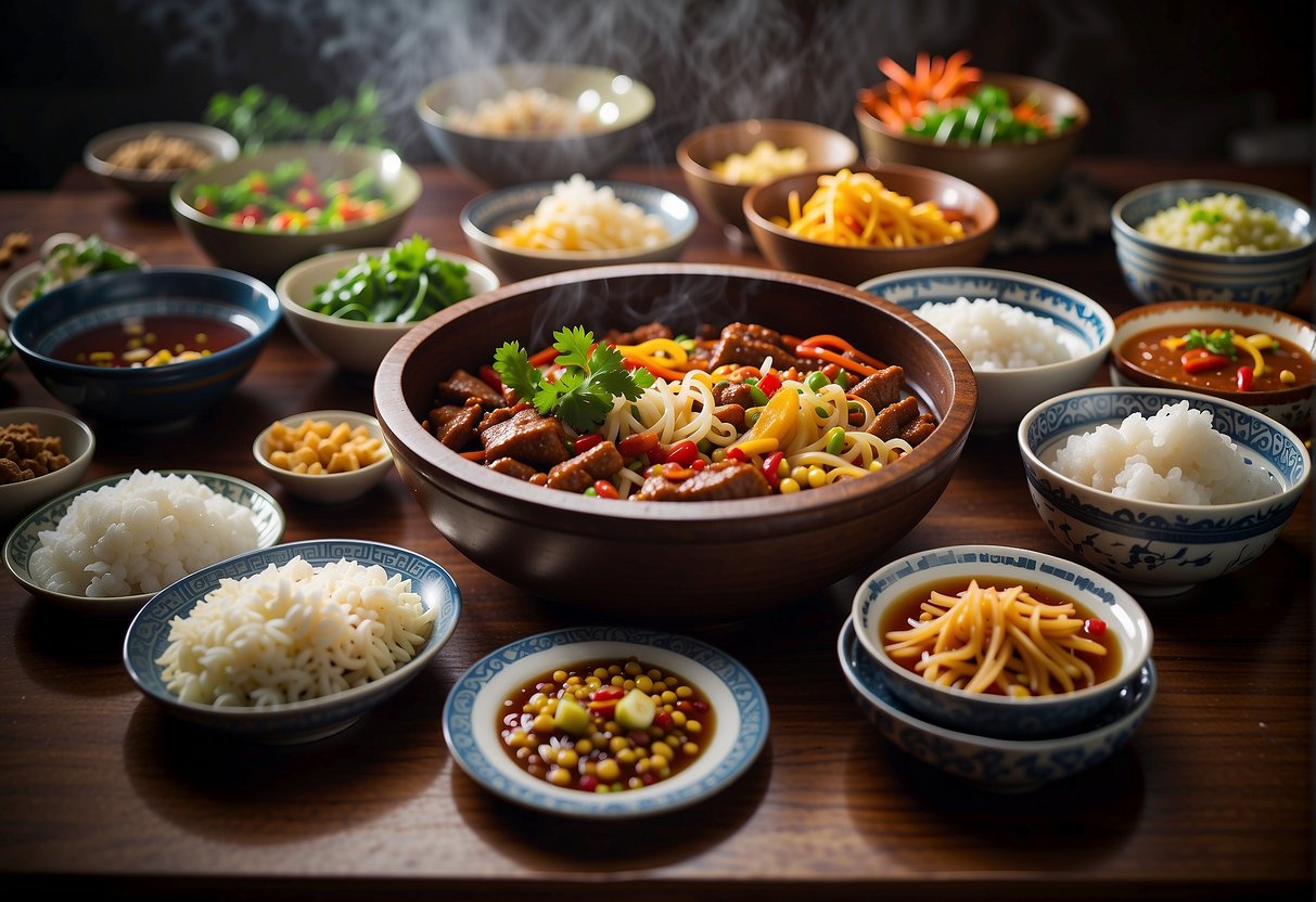 A table filled with colorful dishes from various regions of China, including Sichuan, Hunan, and Cantonese cuisines. Steam rising from hot bowls and plates, showcasing the diversity of Asian flavors