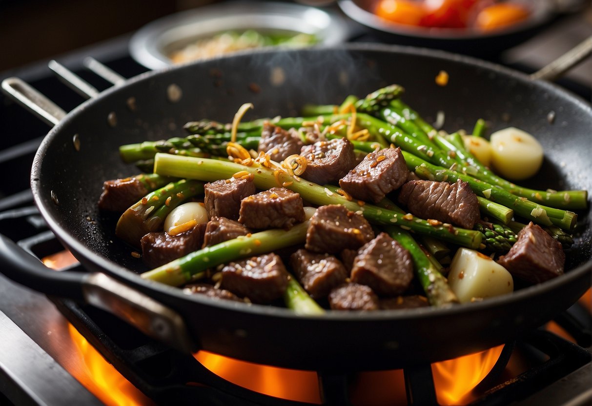 A sizzling wok stir-frying asparagus and beef in a fragrant Chinese kitchen