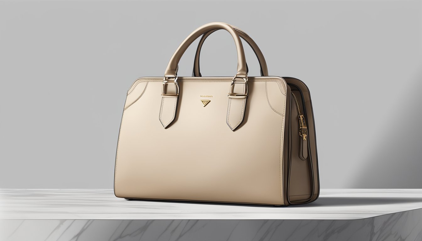 A sleek designer bag for men sits on a marble countertop, catching the light with its luxurious logo and fine craftsmanship