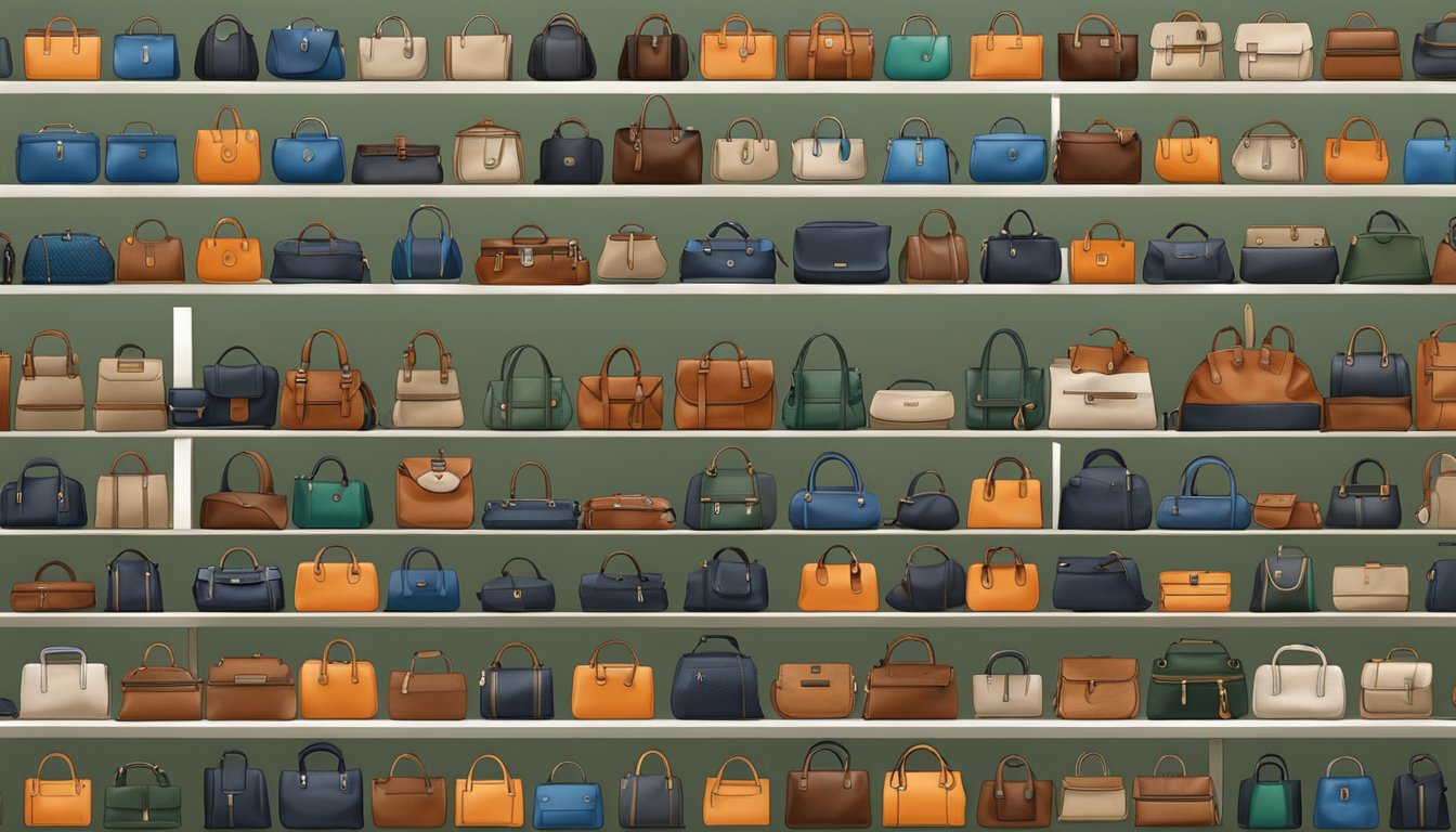 A variety of men's branded bags arranged on a display shelf