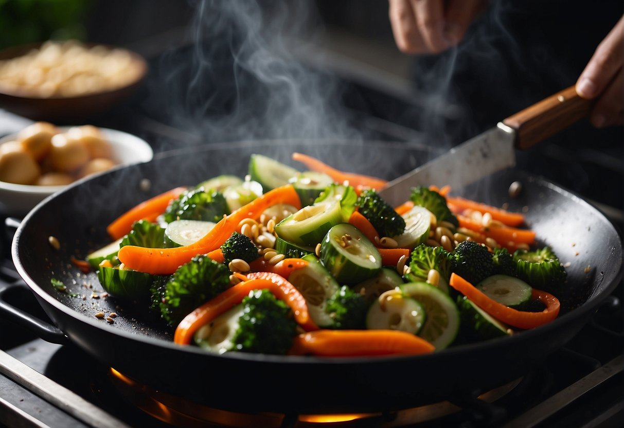 Stir-frying vegetables in a sizzling wok with a blend of soy sauce, ginger, and garlic. A chef's knife and cutting board nearby