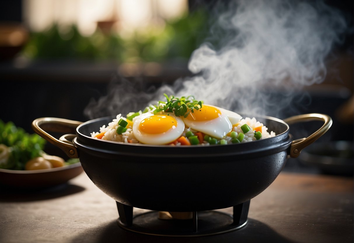 A steaming wok filled with fragrant jasmine rice, stir-fried with diced vegetables, eggs, and savory soy sauce. A sprinkle of chopped green onions adds a pop of color to the dish