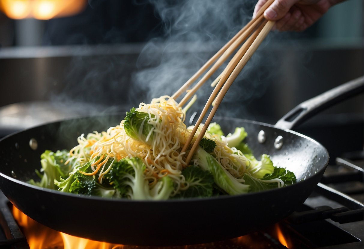 A wok sizzles as Chinese savoy cabbage is stir-fried with garlic, ginger, and soy sauce. Steam rises, filling the air with savory aromas