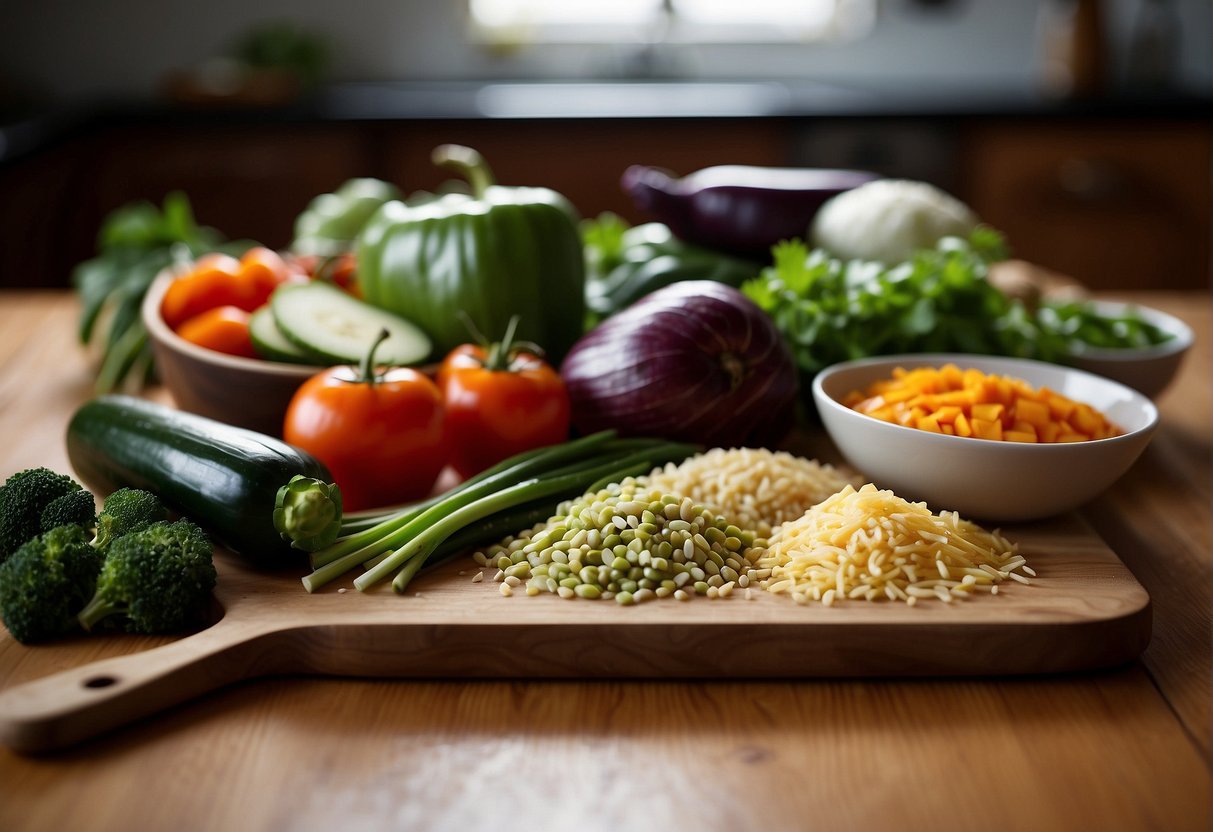 A variety of fresh vegetables and seasonings are laid out on a wooden cutting board, ready to be used in a Chinese savoury rice recipe