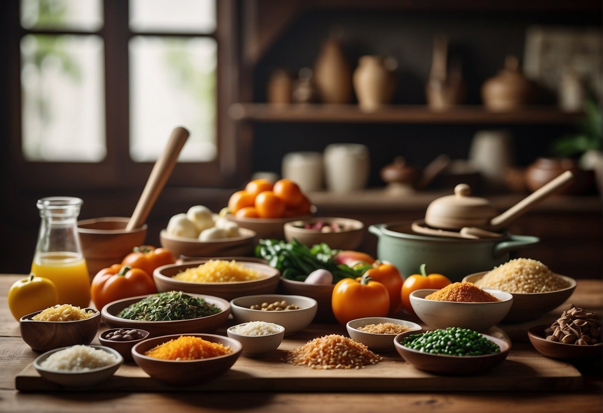 A colorful array of traditional Chinese ingredients and cooking utensils arranged on a wooden table, with a stack of recipe books in the background