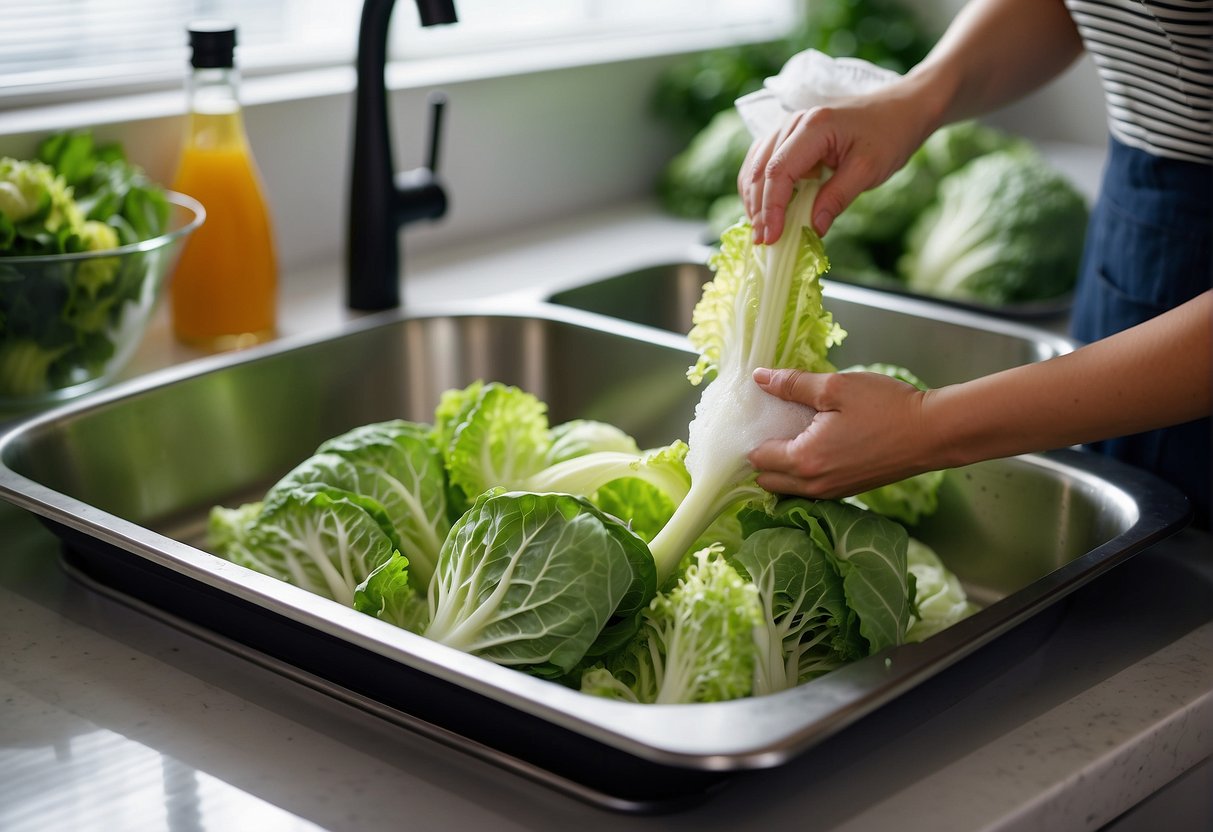 Fresh chinese savoy cabbage being carefully selected and washed in a sink. Ingredients like soy sauce and garlic are laid out on a clean kitchen counter