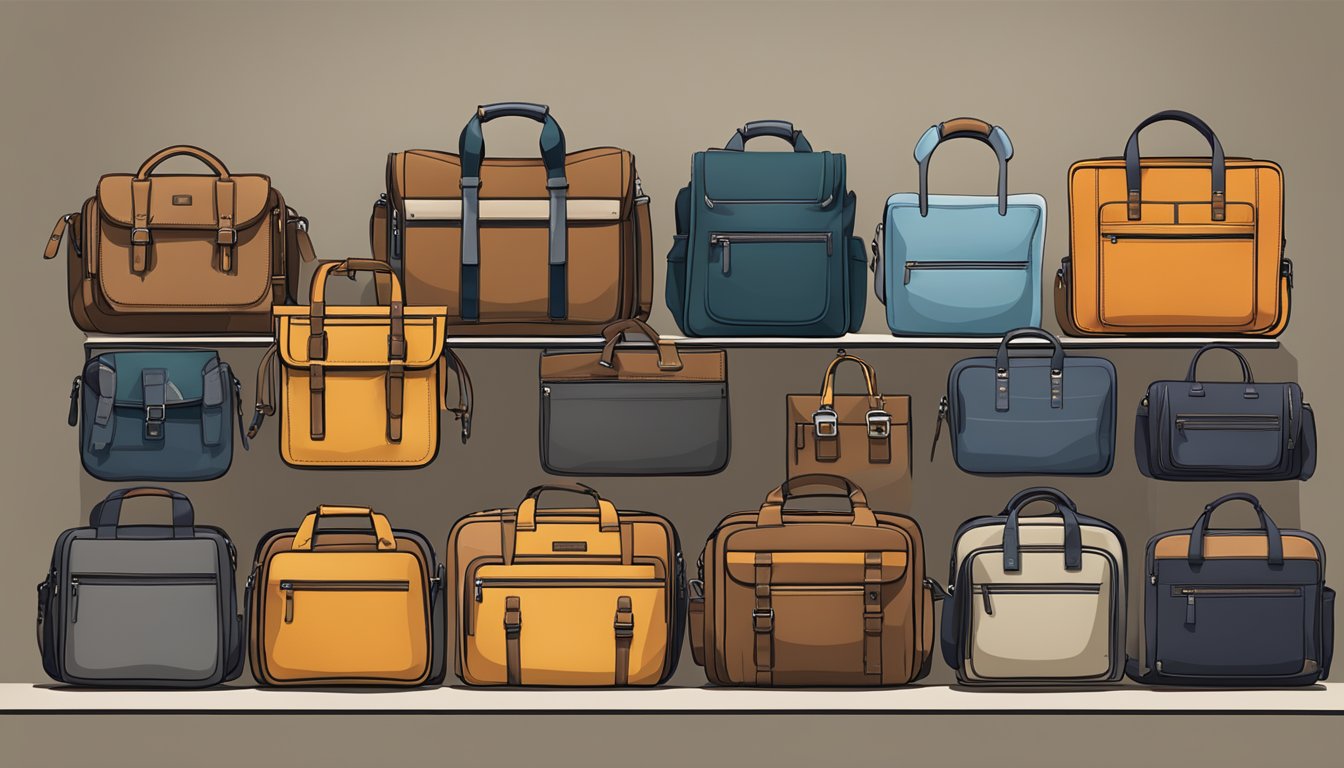 A table displaying a variety of branded bags for men, ranging from sleek messenger bags to rugged backpacks, with each one labeled for different occasions