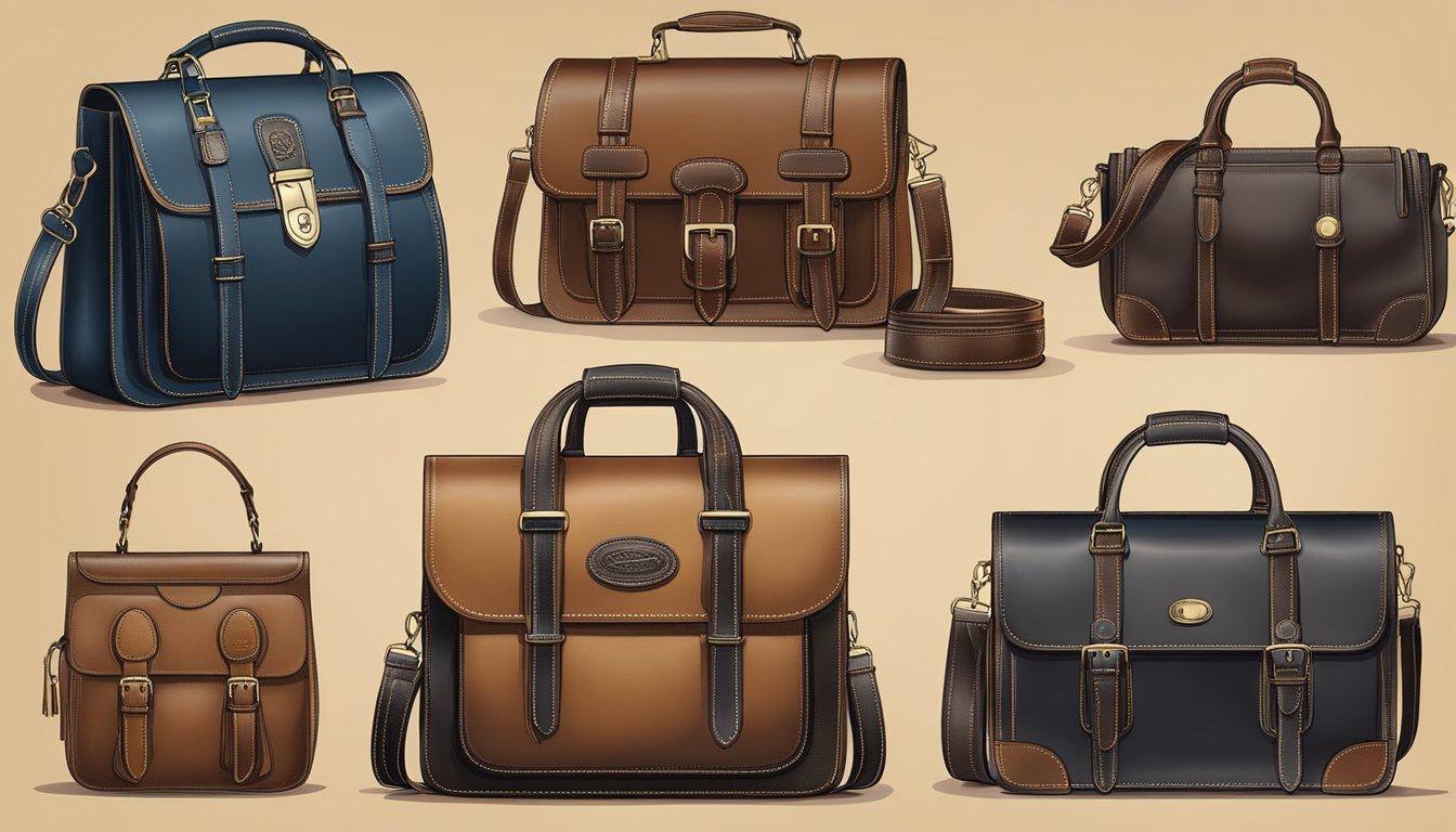 A table displaying leather bags with the Materials and Craftsmanship logo for men. Rich textures and meticulous stitching are evident in the high-quality craftsmanship