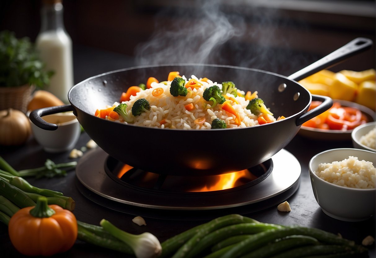 A wok sizzles with fragrant garlic and ginger, as fluffy rice and colorful vegetables are tossed in. Soy sauce and spices are added, creating the perfect savory aroma