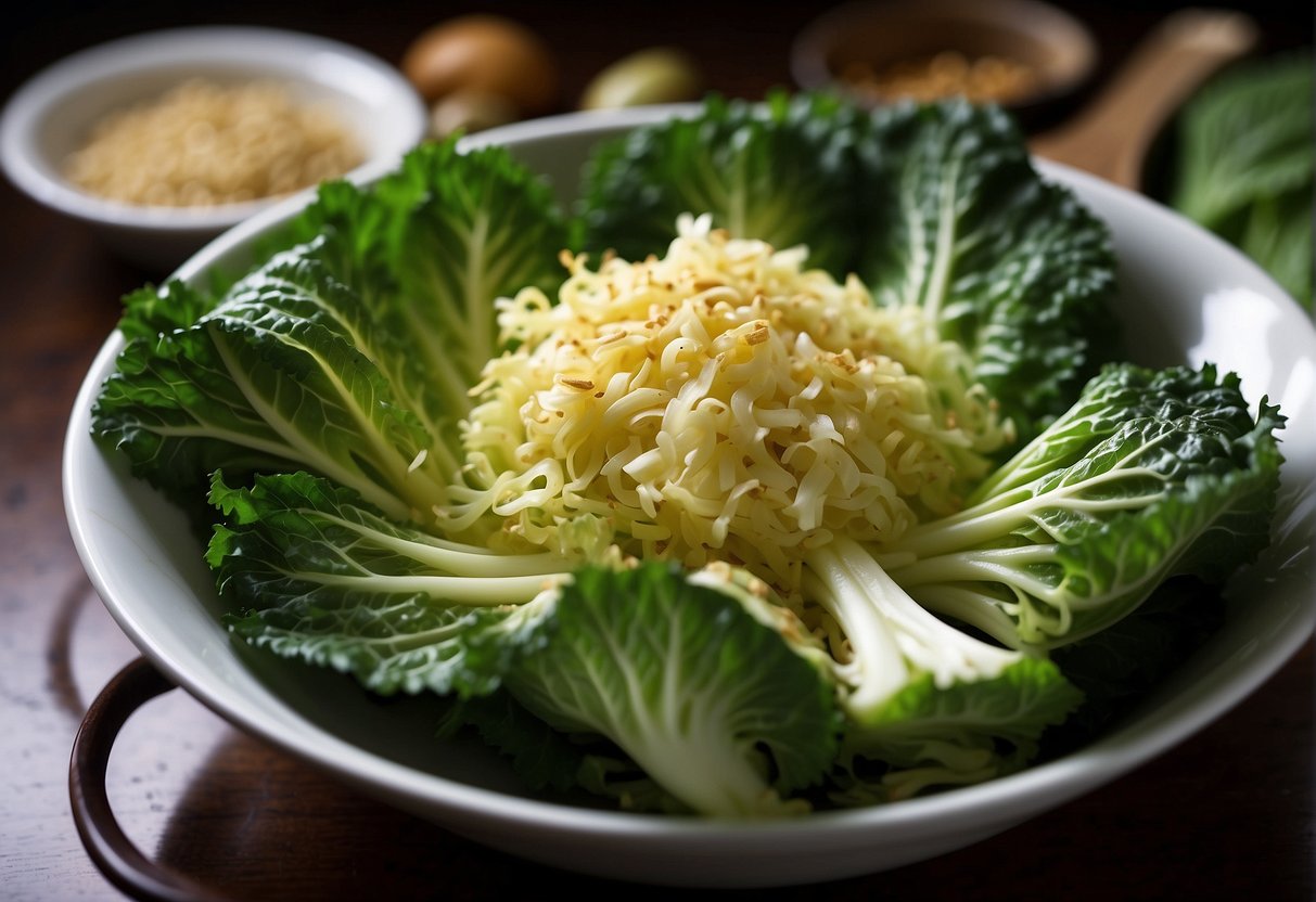 Chinese savoy cabbage being washed, sliced, and seasoned with soy sauce and garlic, ready to be stir-fried in a hot wok