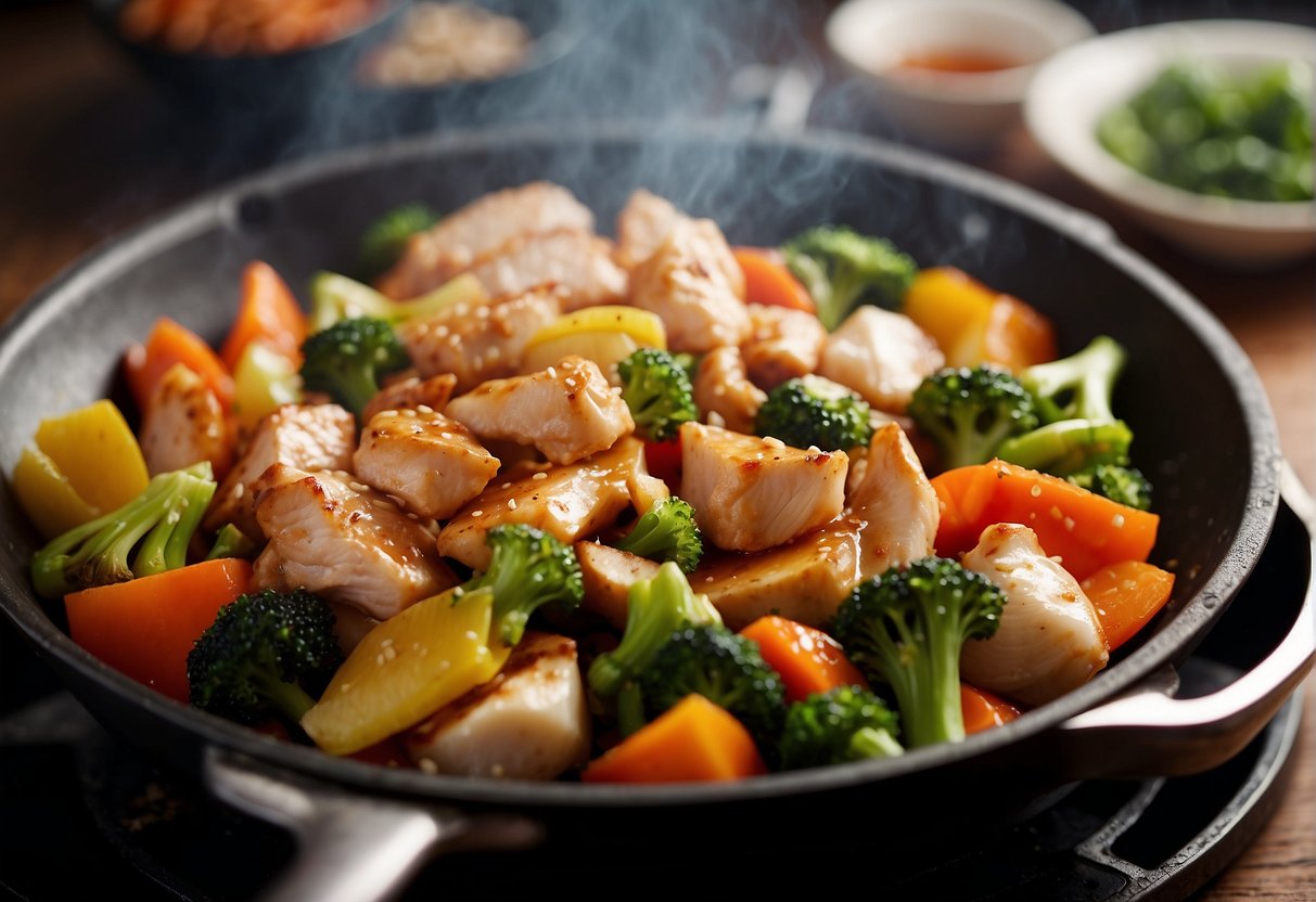 A steaming wok sizzles with fragrant garlic, ginger, and soy sauce, as colorful vegetables and tender chicken are tossed in, creating a mouthwatering aroma