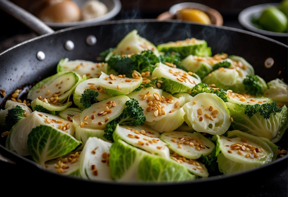 Sliced cabbage sizzling in a wok with garlic, ginger, and soy sauce
