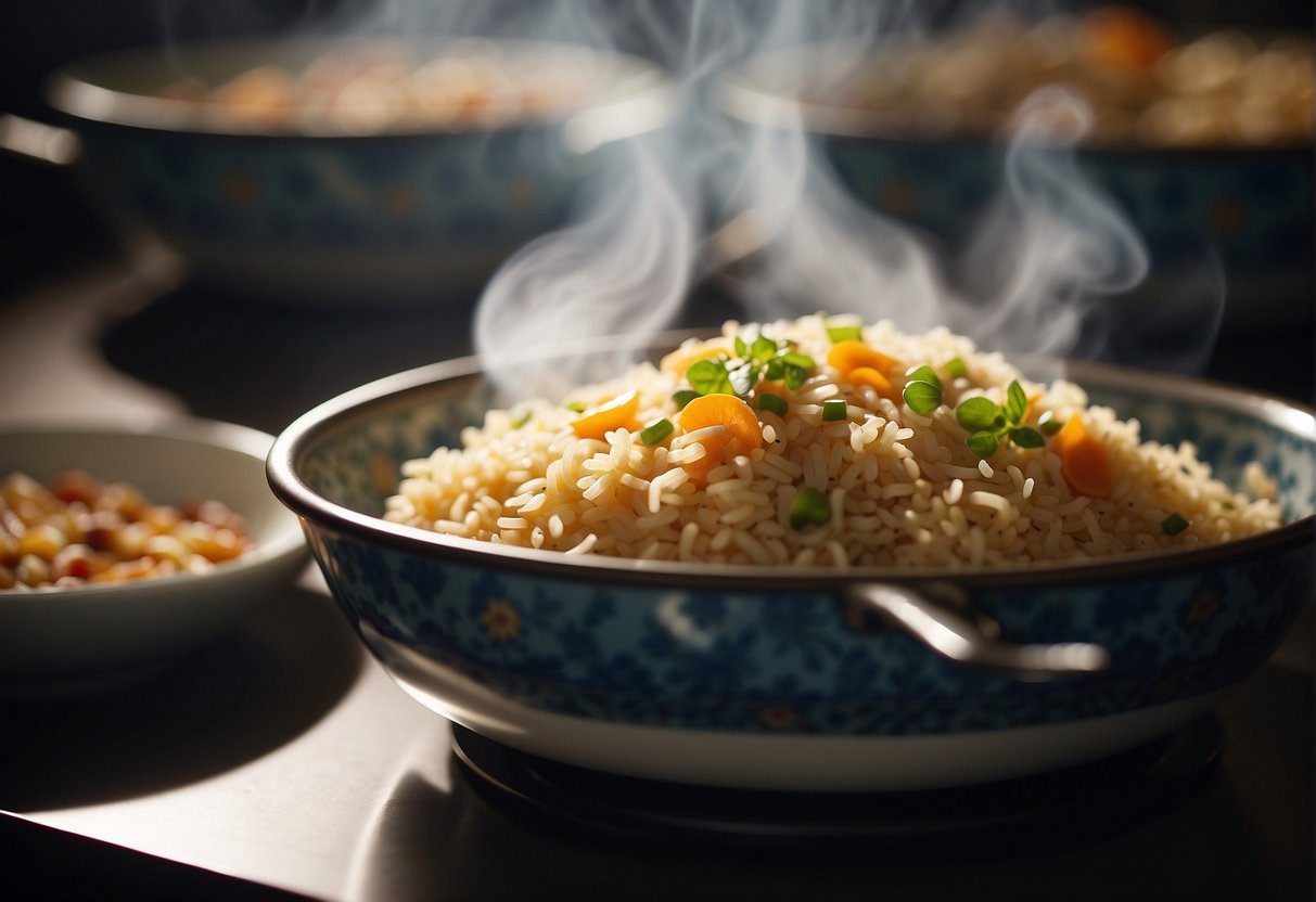 A steaming pot of Chinese savoury rice being served onto a plate, while extra portions are being stored in airtight containers