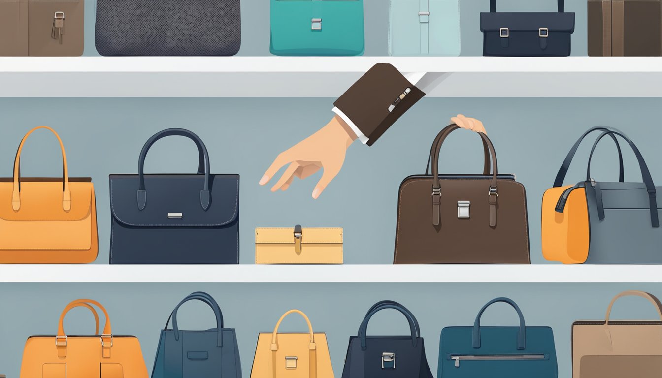 A man's hand reaches for a sleek branded men's bag on a display shelf, surrounded by other stylish bags