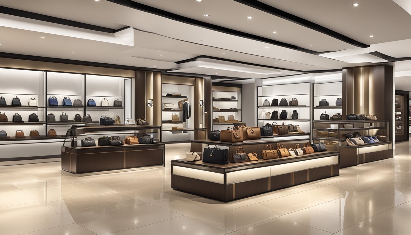 A luxurious store display showcases a variety of men's designer bags, featuring prominent brand logos and sleek designs