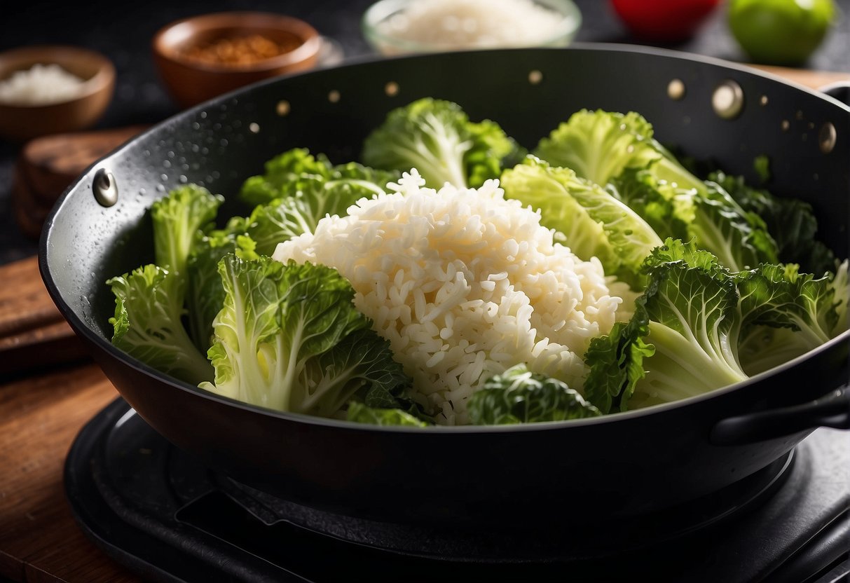 Chinese savoy cabbage being sliced and stir-fried with garlic and soy sauce in a sizzling wok, accompanied by a steaming bowl of fluffy white rice