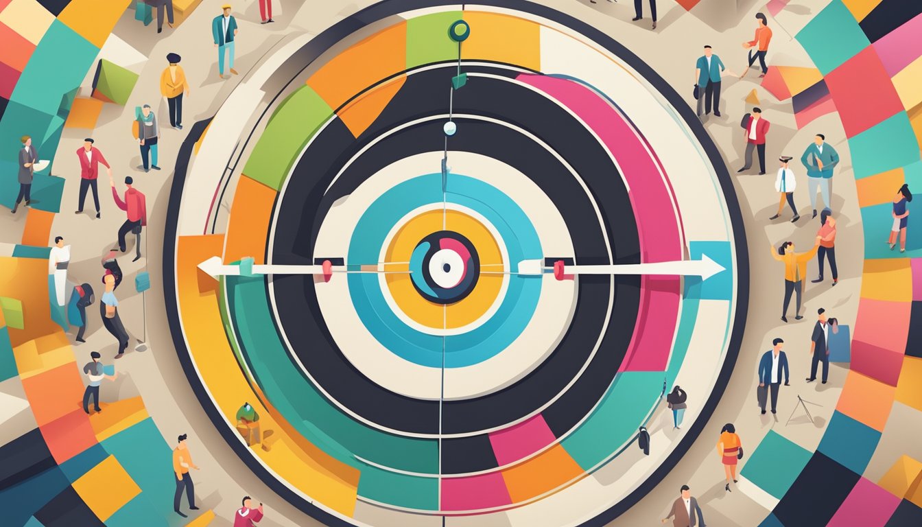 A target market symbolized by a bullseye surrounded by various demographic and psychographic attributes, representing brand positioning