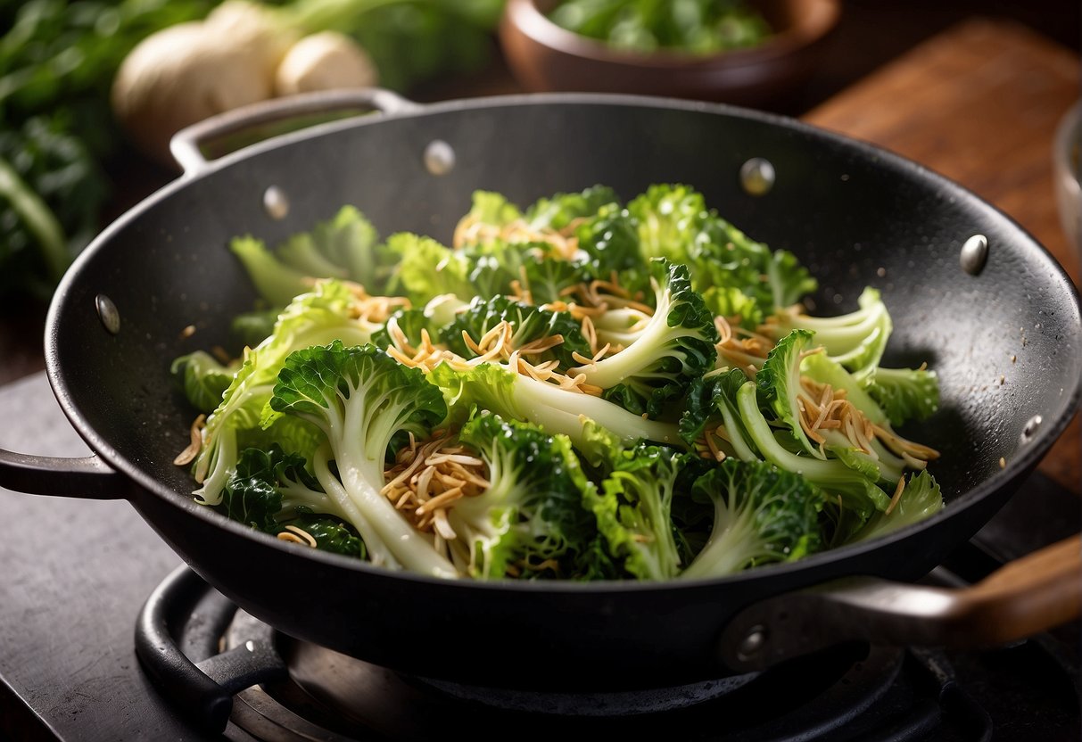 A wok sizzles as Chinese savoy cabbage is stir-fried with garlic, ginger, and soy sauce. Vibrant green leaves glisten with moisture, creating a mouthwatering aroma
