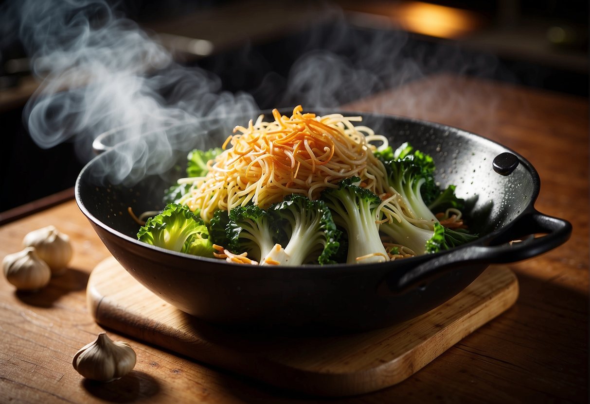 A steaming wok sizzles with stir-fried Chinese savoy cabbage, surrounded by vibrant ingredients like ginger, garlic, and soy sauce