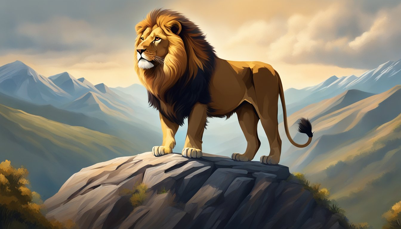 A bold, confident lion standing atop a mountain, overlooking a vast and majestic landscape, symbolizing strength and leadership