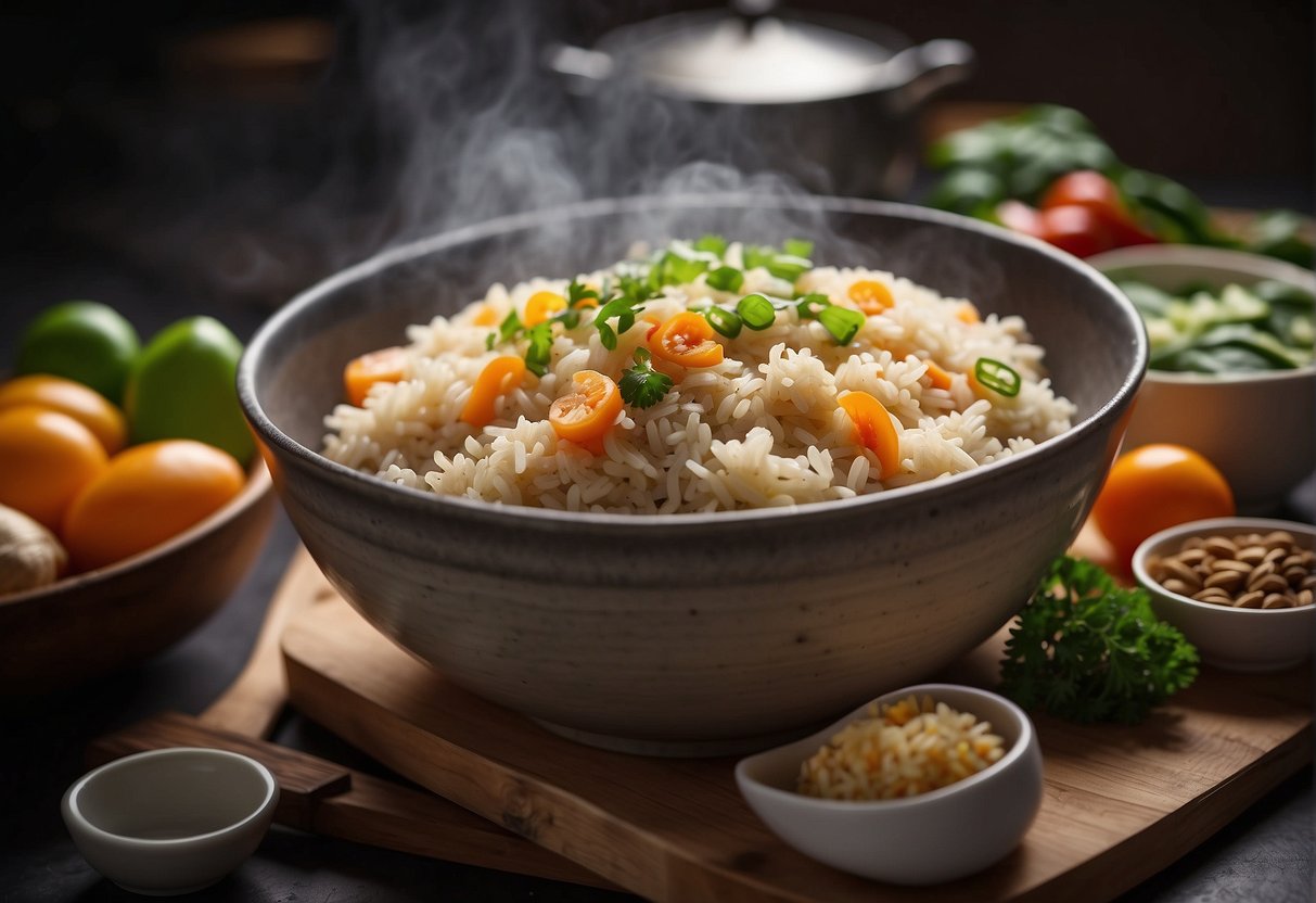 A steaming bowl of Chinese savoury rice surrounded by various ingredients and cooking utensils on a kitchen countertop