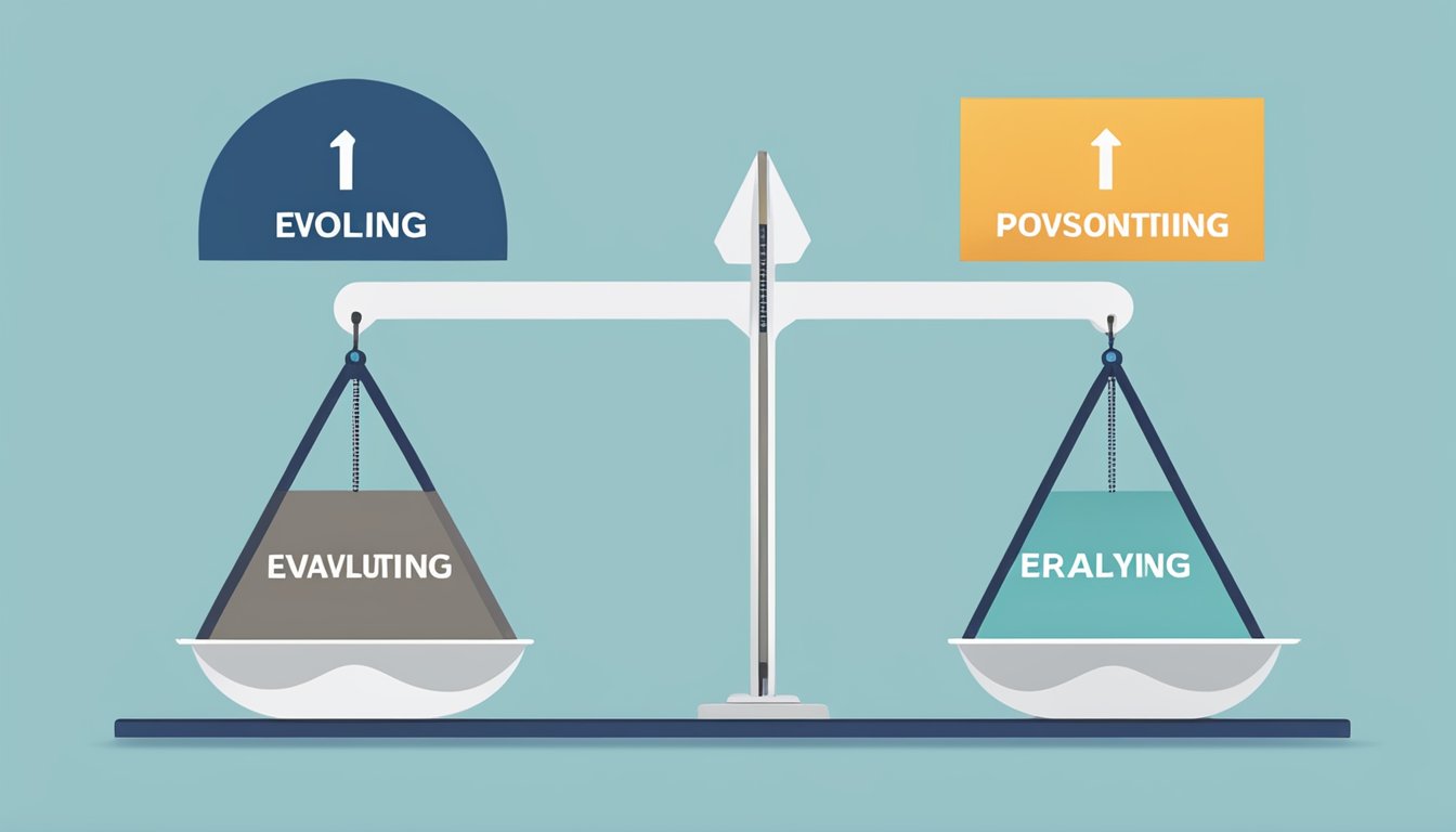 A scale with "Positioning" on one side and "Brand" on the other, surrounded by arrows pointing towards "Evolving" and "Evaluating"