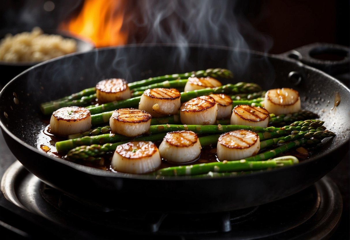 Fresh asparagus and seared scallops sizzling in a wok with ginger, garlic, and soy sauce