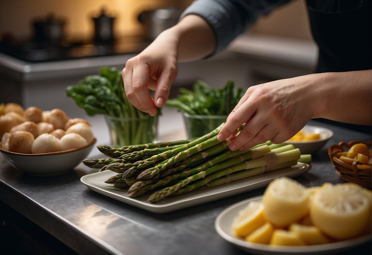 A hand reaches for asparagus and scallops on a kitchen counter for a Chinese recipe