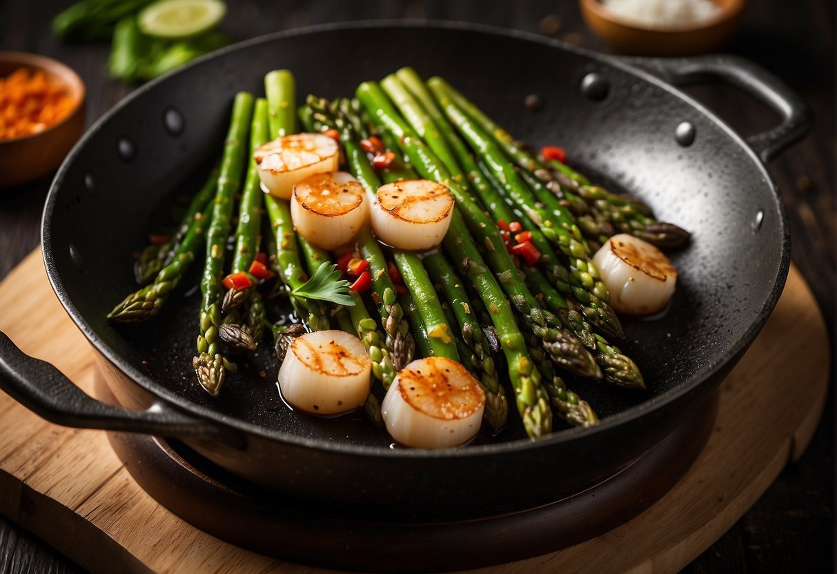 Asparagus and scallops sizzling in a wok with Chinese spices and sauces. Ingredients neatly arranged on a wooden cutting board nearby