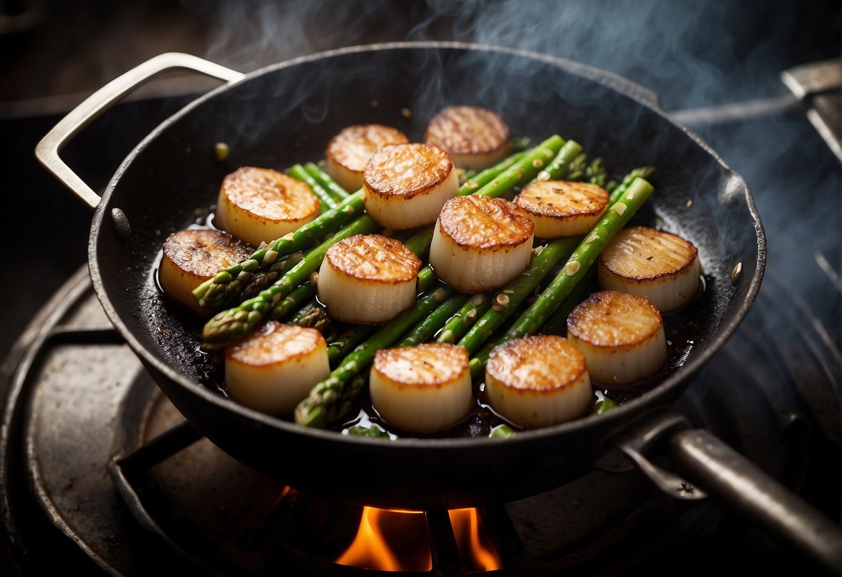 Asparagus and scallops sizzling in a wok over high heat, with garlic and ginger aromas filling the air