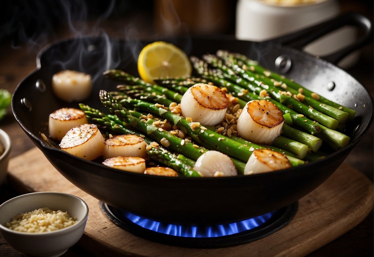 Asparagus and scallops sizzling in a wok with aromatic Chinese spices and seasonings, creating a tantalizing aroma