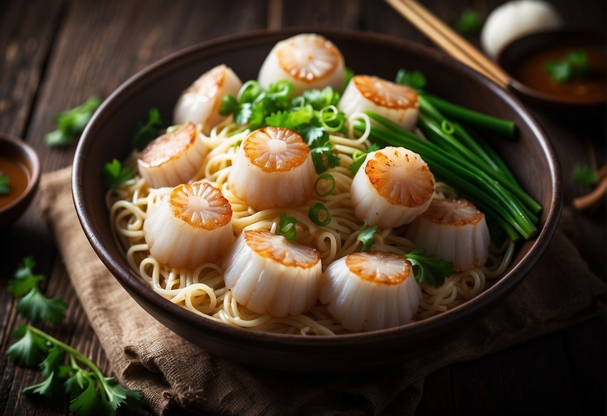 A steaming bowl of Chinese scallop noodles, garnished with fresh green onions and slices of tender scallops, sits on a rustic wooden table