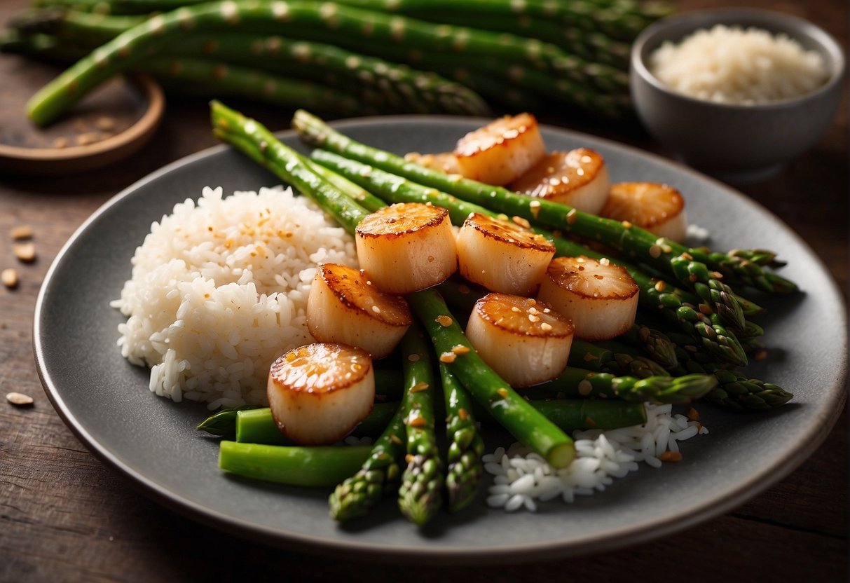 A plate of asparagus and scallops stir-fried in a savory Chinese sauce, with a side of steamed rice and a sprinkle of sesame seeds