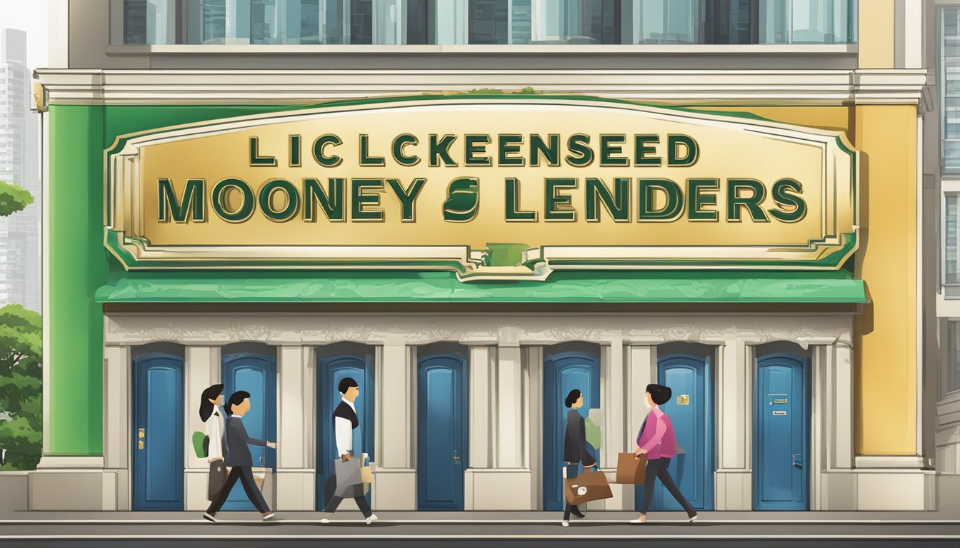 A signboard with the words "Licensed Money Lenders" displayed prominently, along with the logo of a recognized regulatory body in Singapore