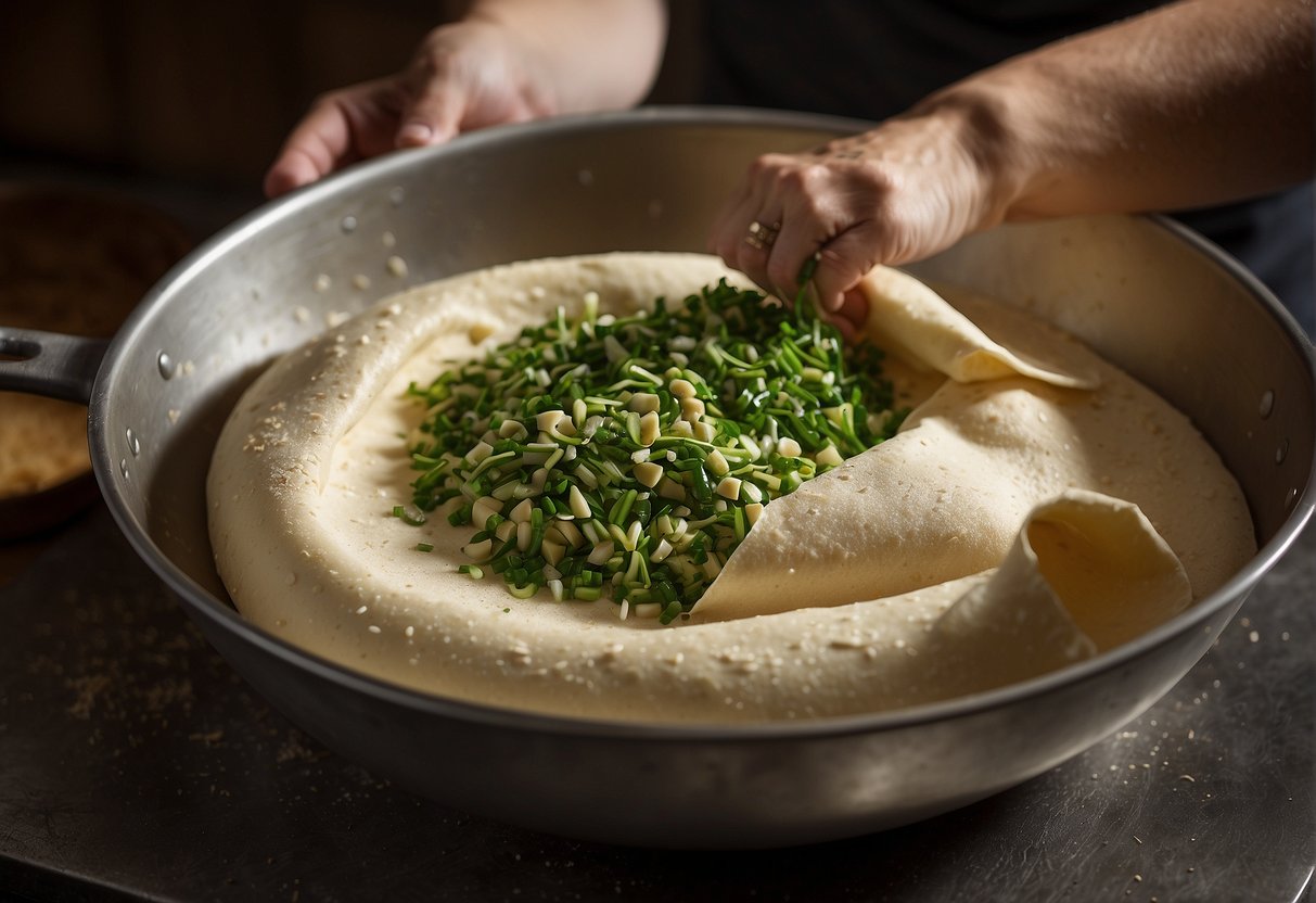 A hand mixes flour, water, and chopped scallions. The dough is rolled out, brushed with oil, and folded before being pan-fried until golden brown