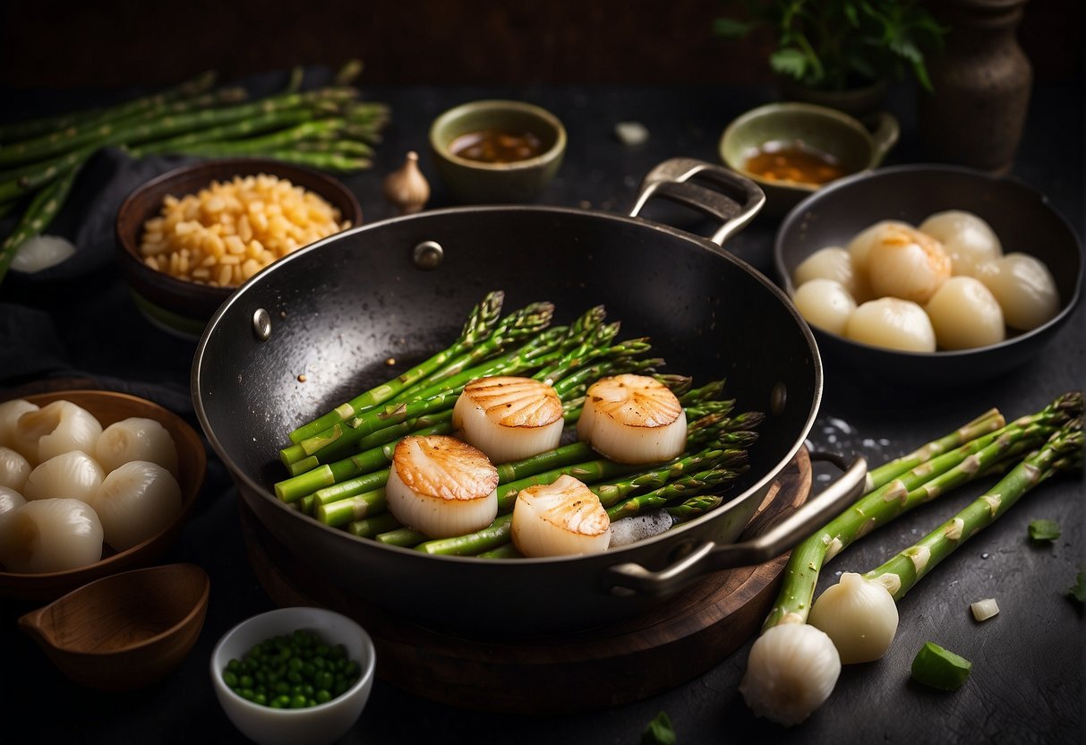 Asparagus and scallops sizzling in a wok, surrounded by Chinese cooking ingredients and utensils