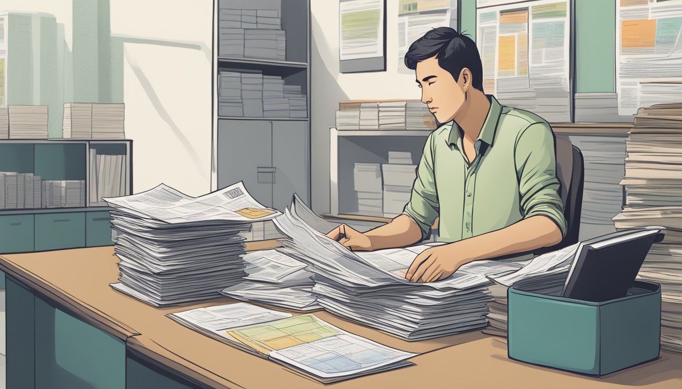 A foreigner sits at a desk, comparing loan options from different moneylenders in Singapore. Brochures and paperwork are spread out in front of them, as they carefully consider their choices