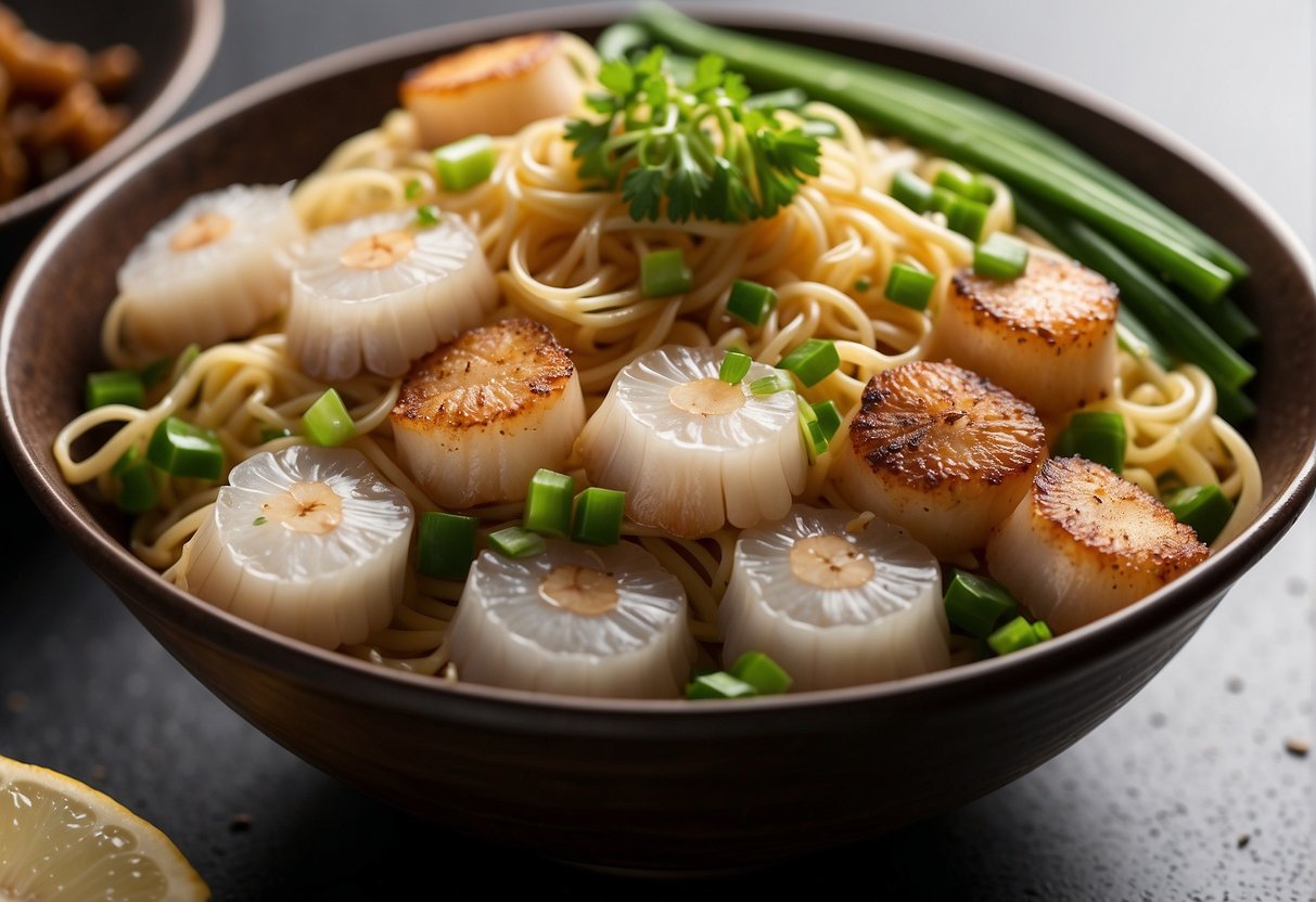 A bowl of Chinese scallop noodles with ingredients like scallops, noodles, garlic, ginger, soy sauce, and green onions