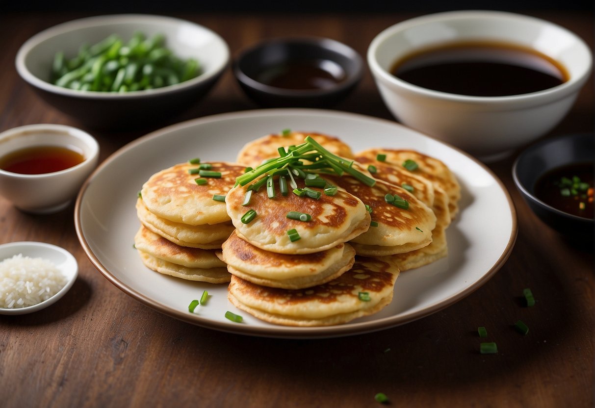 A plate of crispy Chinese scallion pancakes sits next to small dishes of soy sauce and chili oil. A pair of chopsticks rest on the edge of the plate