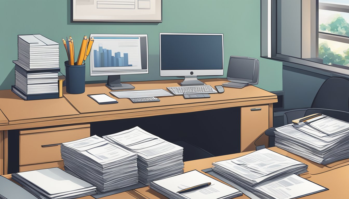 A modern office setting with a professional-looking desk, a computer, and a stack of loan documents. The space exudes professionalism and trustworthiness