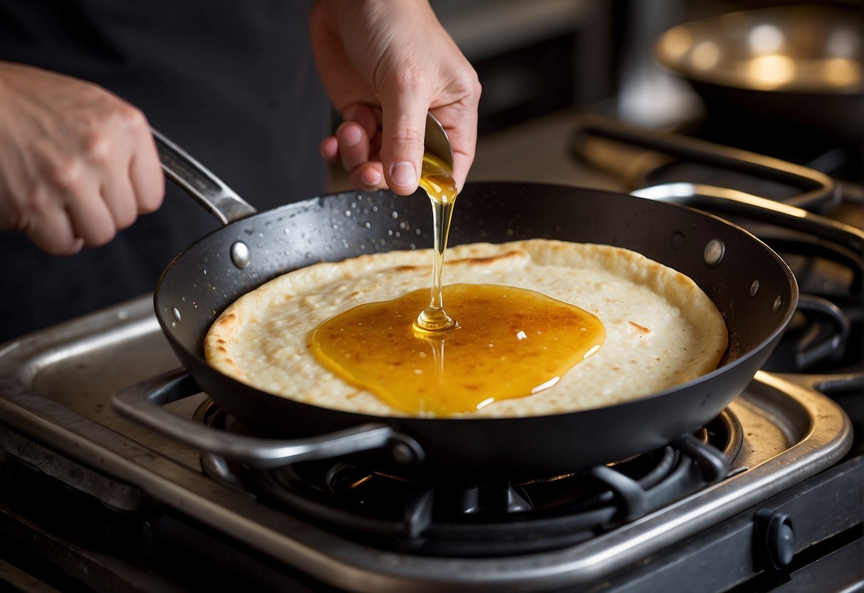 A hand pours oil into a skillet. Scallion pancake batter sizzles as it's poured in. The pancake is flipped and cooked until golden brown. It's then placed on a paper towel to drain excess oil