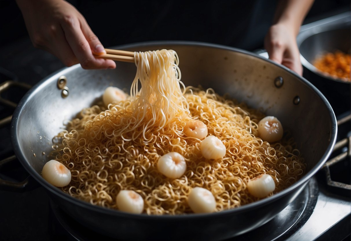 A chef is soaking dried scallops in hot water. They are then shredded and mixed with noodles, ginger, and garlic in a wok. Soy sauce is added for flavor