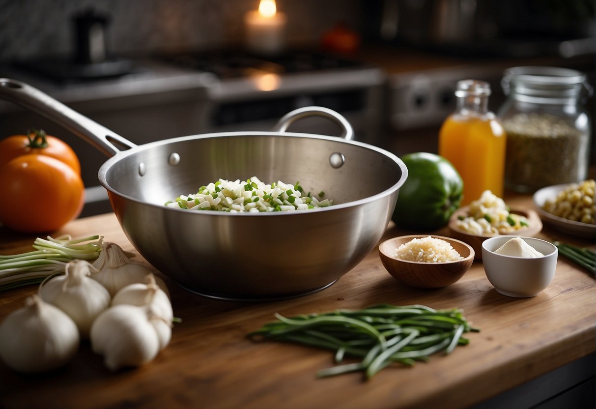 A table with ingredients, a mixing bowl, and a rolling pin. A chef's knife and cutting board with scallions. A stovetop with a frying pan