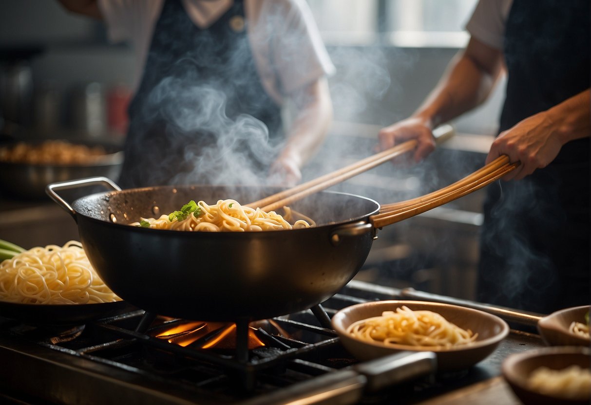 A wok sizzles as Chinese scallop noodles are stir-fried with ginger, garlic, and soy sauce. Steam rises from the pan, filling the kitchen with savory aromas