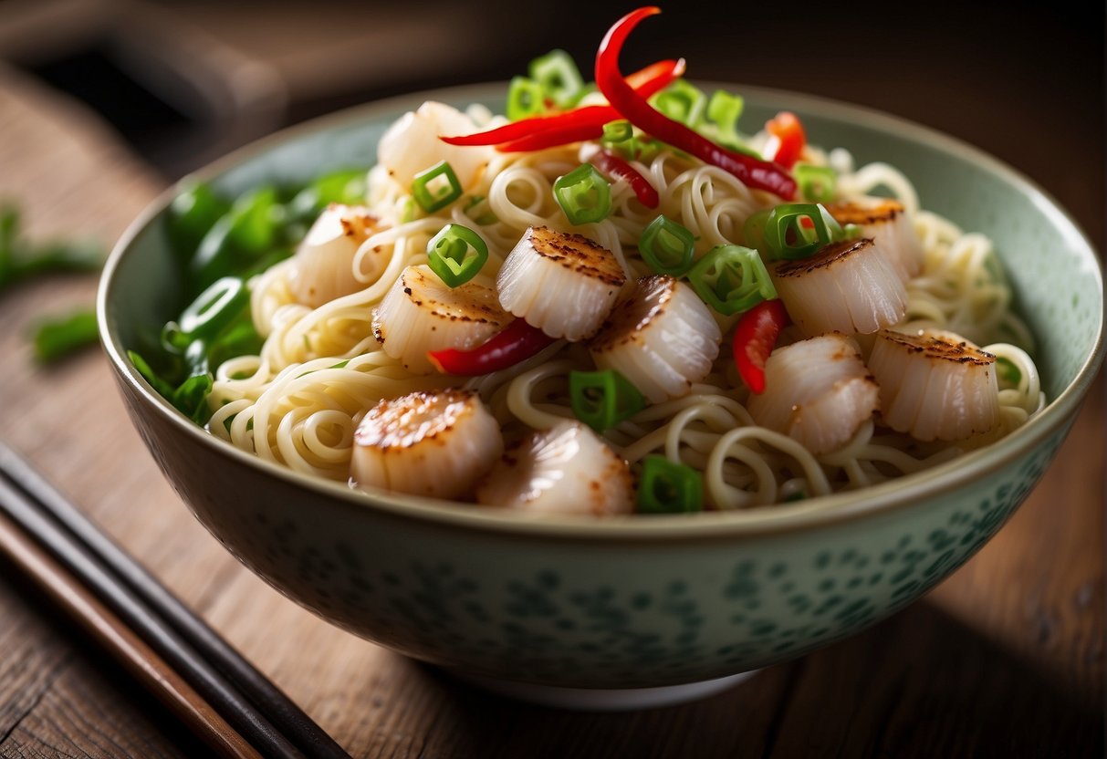 A steaming bowl of Chinese scallop noodles garnished with fresh green onions and red chili peppers, served on a wooden table with chopsticks on the side