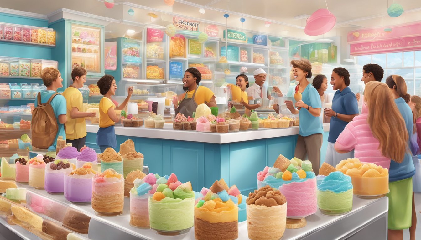 A colorful display of World of Flavours ice cream brands, with various flavors and toppings, surrounded by happy customers enjoying their treats