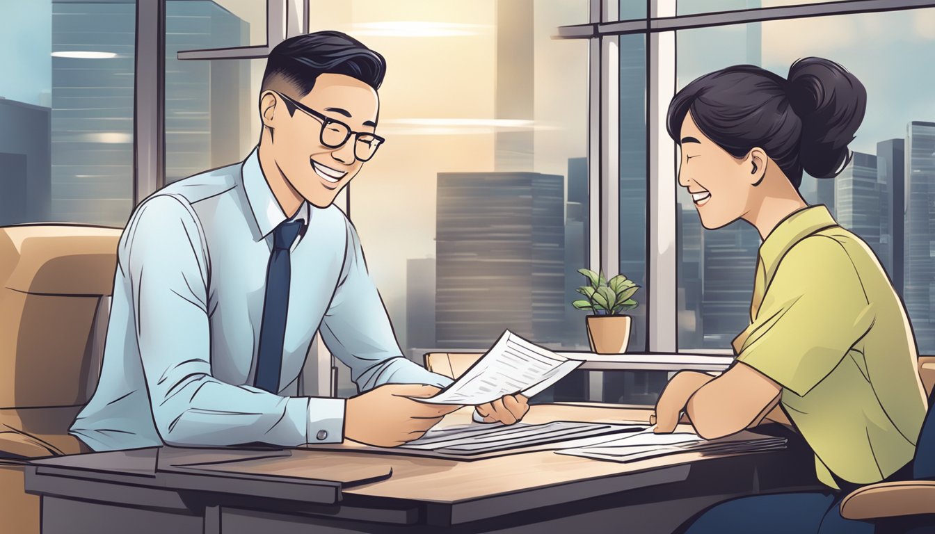 A smiling customer receiving financial advice from a trustworthy money lender in Singapore's modern office setting