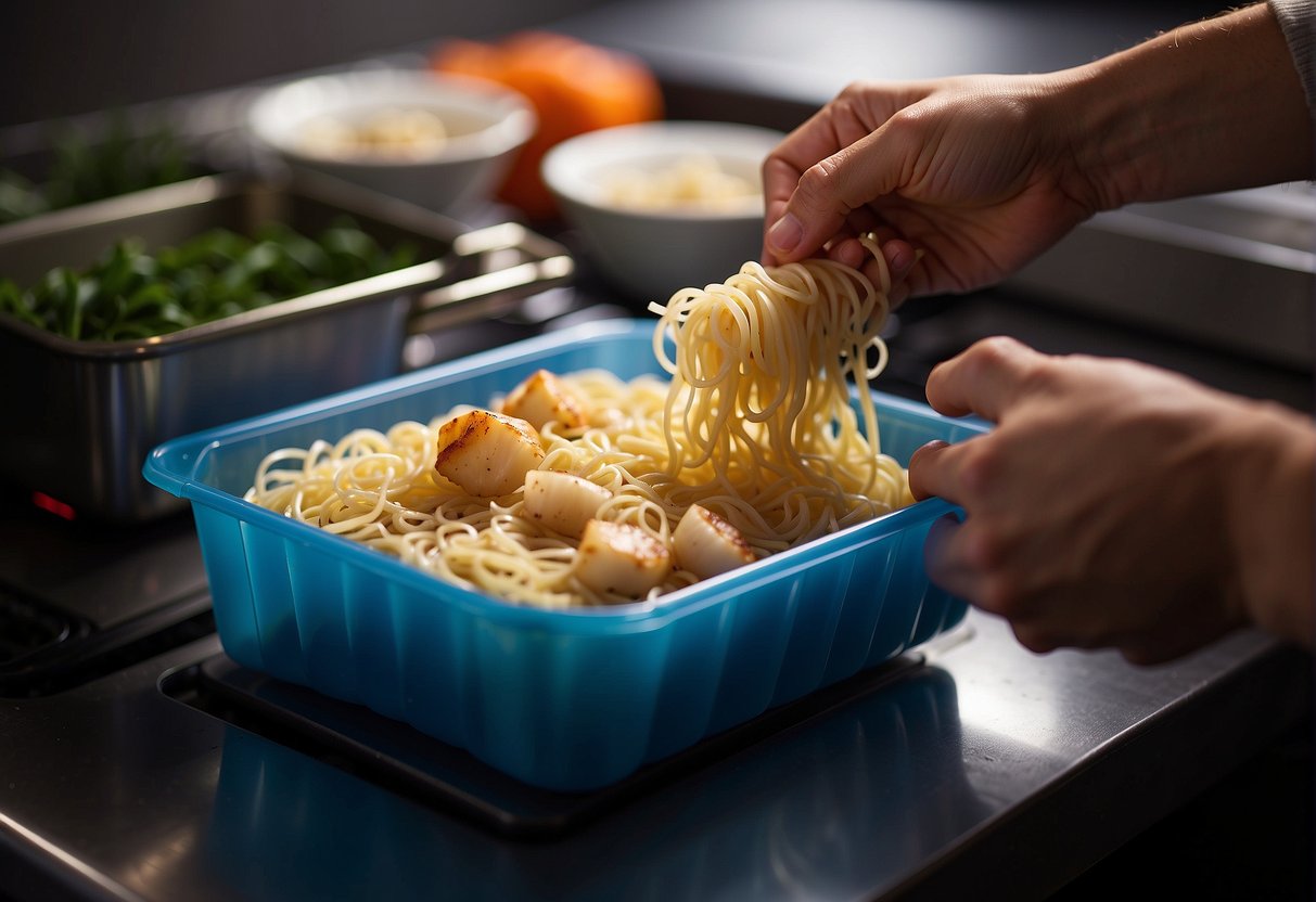 A hand pours leftover scallop noodles into a plastic container. Microwave in background