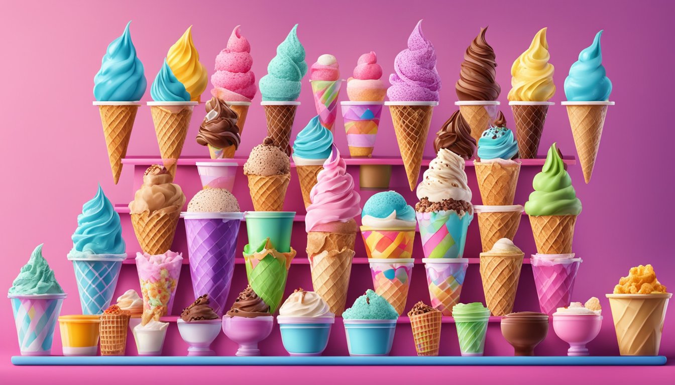 A colorful array of ice cream brands arranged on a vibrant display stand, with enticing flavors and toppings