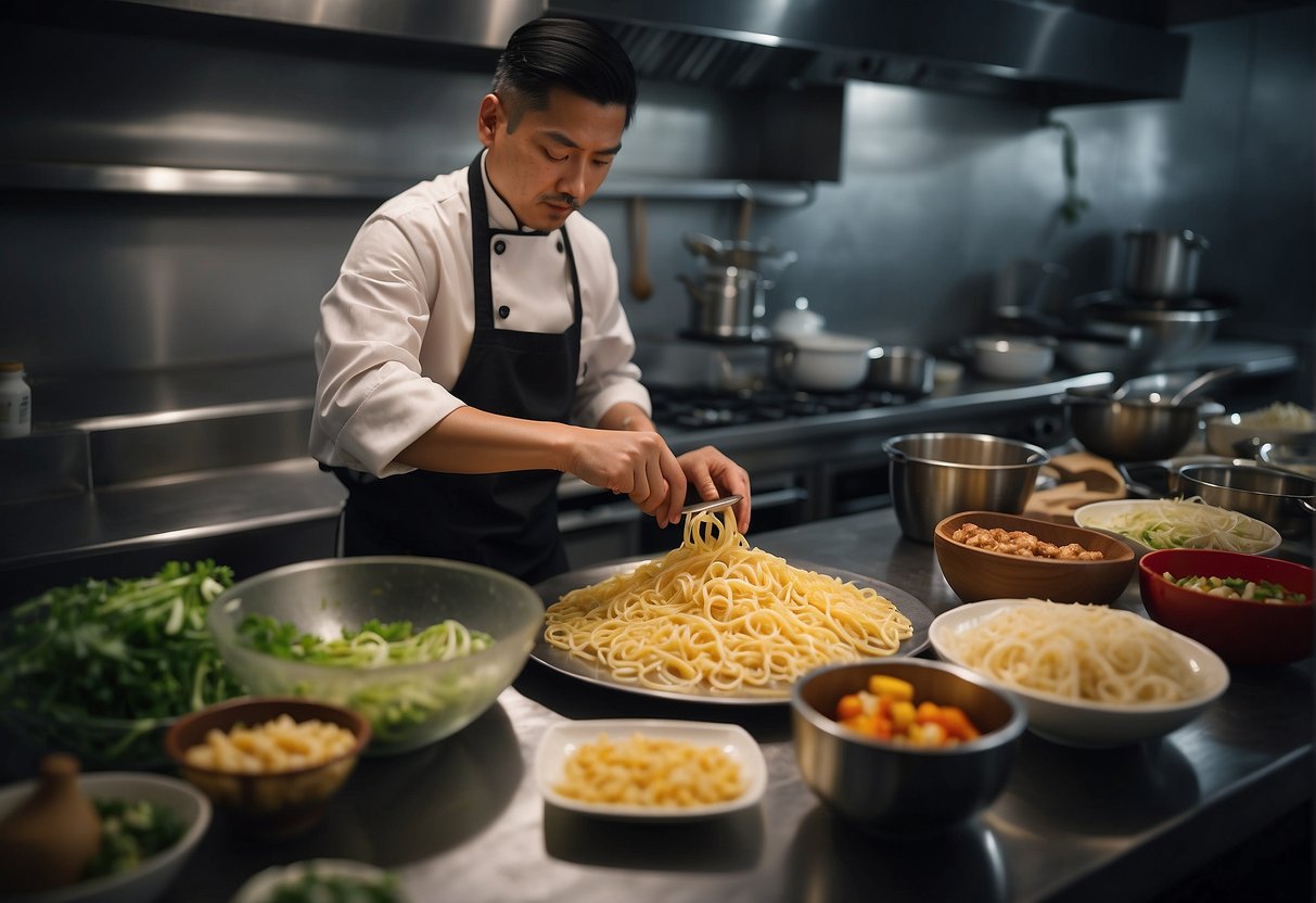 A chef preparing Chinese scallop noodles with various ingredients and utensils laid out on a clean, organized kitchen counter